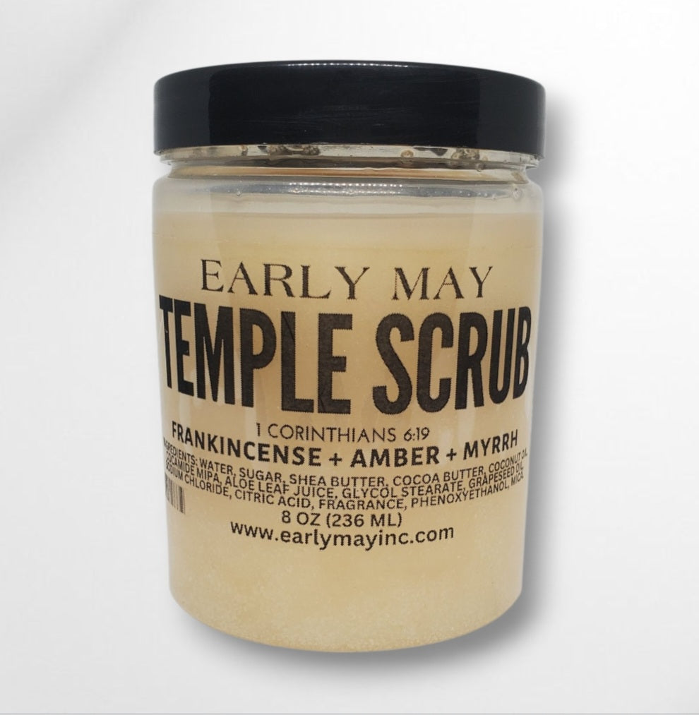 Jar of Early May Temple Scrub on a white background