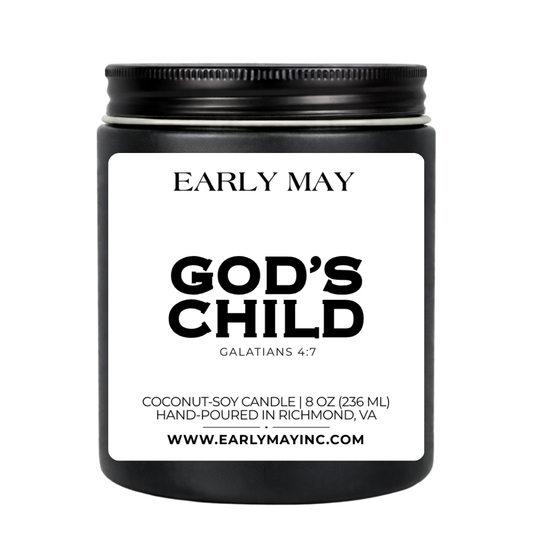 Black candle jar with 'Early May' branding and 'God's Child' text on a white background
