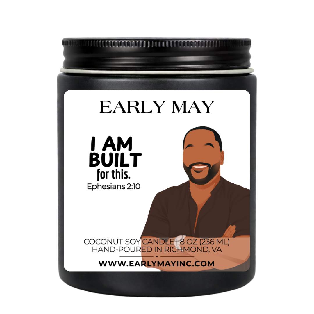Black candle jar with 'Early May' branding and a motivational quote on a white background