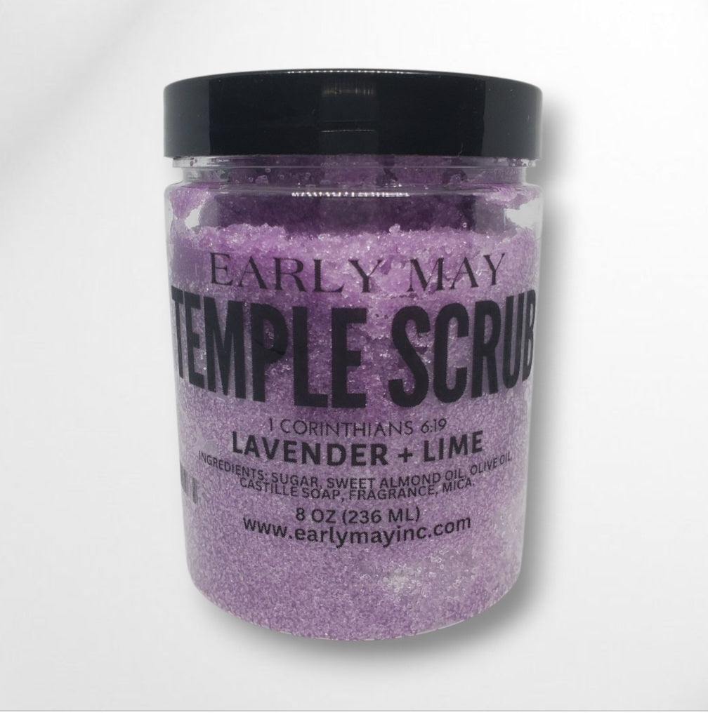 Purple scrub container with black lid labeled 'Early May Temple Scrub' on a white background