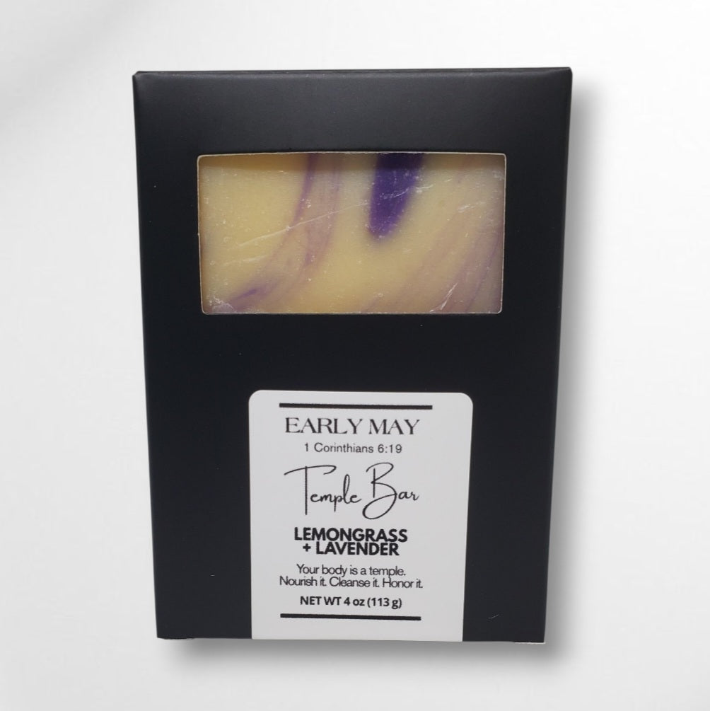 Early May Lemongrass + Lavender Temple Bar soap, handmade bar soap for daily cleansing in a black box.